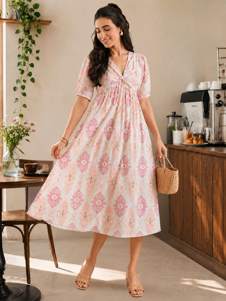 Women's Cotton Ikat Printed Knotted Midi Dress