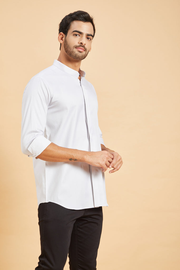 Men's Grey Color Jejune Chinese Collar Shirt Full Sleeves Casual Shirt