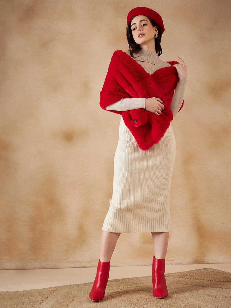 Women's Cherry Red Long Faux Fur Cape