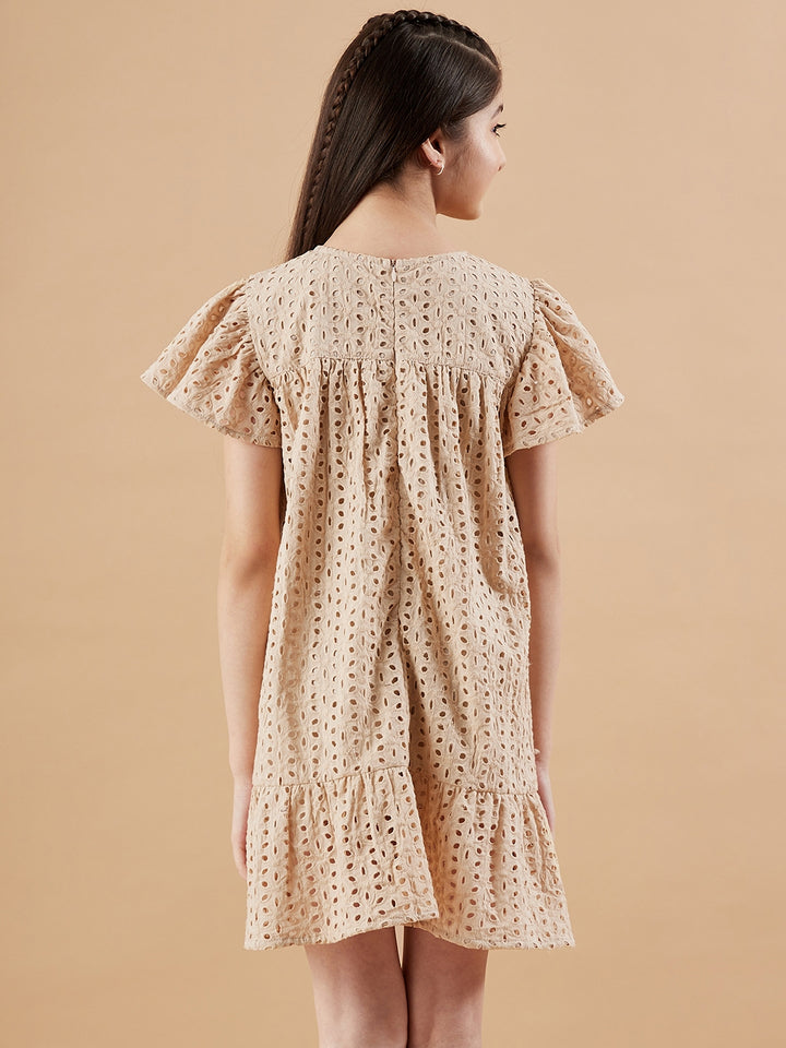 Girl's Beige Cotton Solid Dress