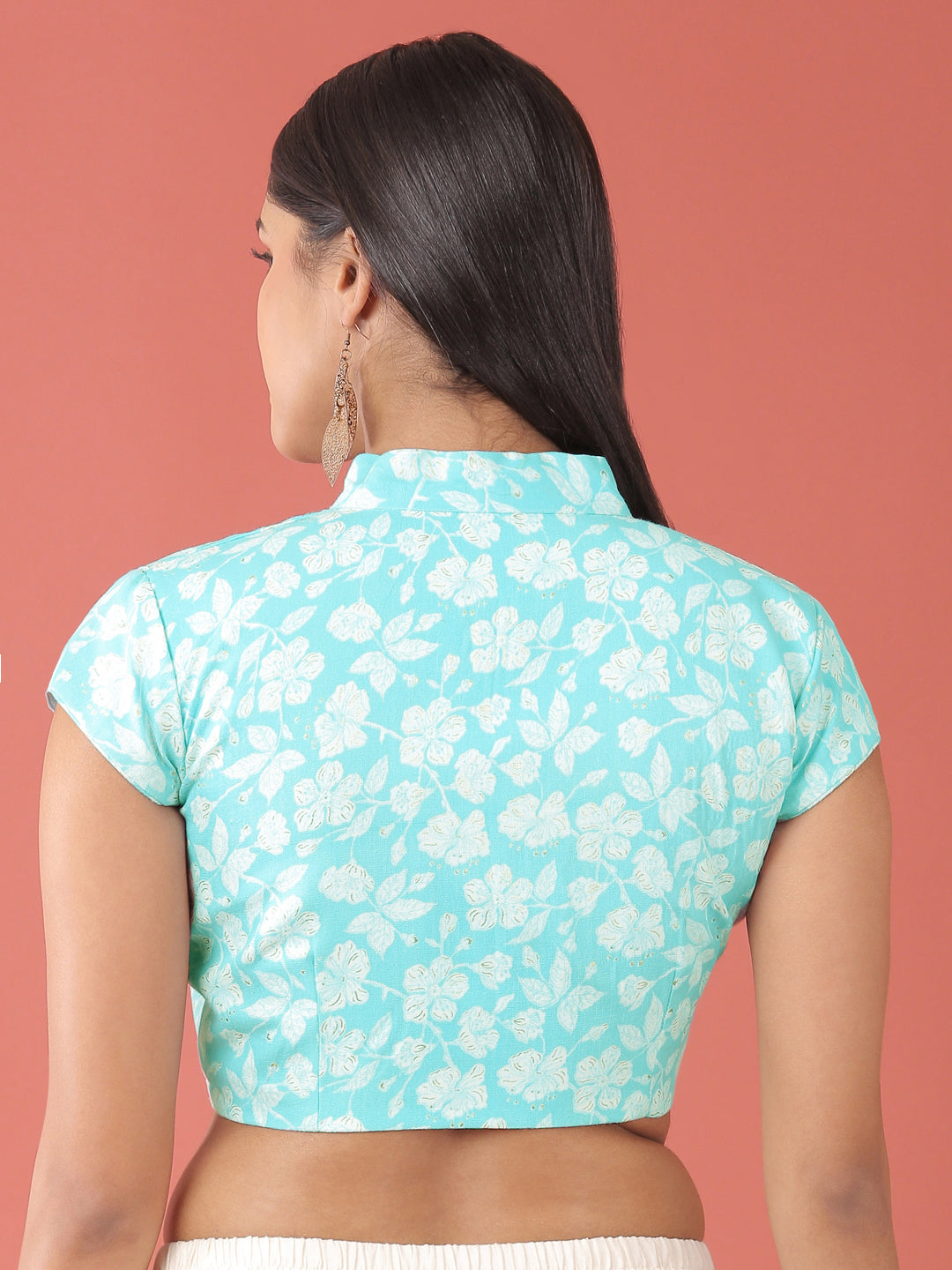 Women's Turquoise Blue-Toned Cotton Silk Applied Foil And Floral Print With Collar Neck Readymade Blouse - Royal Dwells