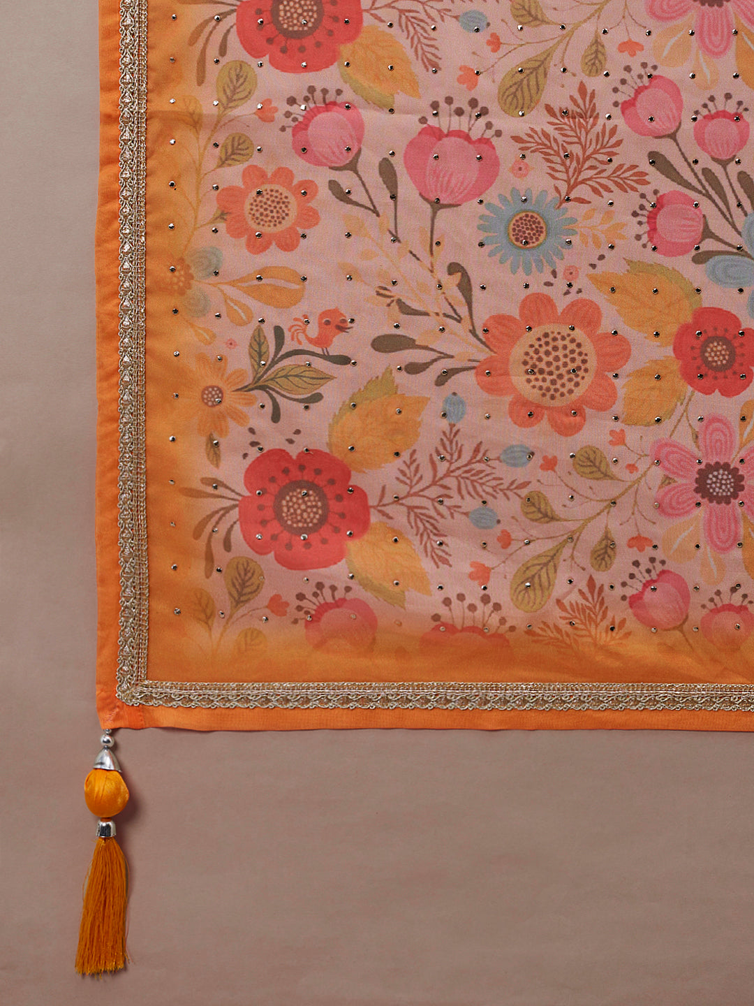 Women's Orange Organza Floral Printed Semi-Stitched Lehenga Choli & Dupatta - Royal Dwells