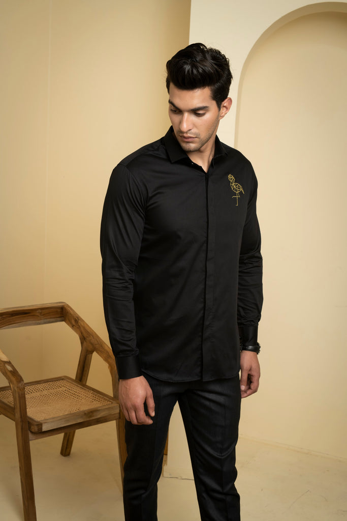 Men's Black Color Perto Crane Shirt Full Sleeves Casual Shirt