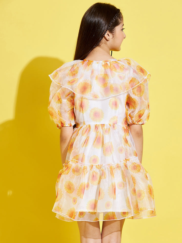 Girl's Cream Polyester Printed Dress