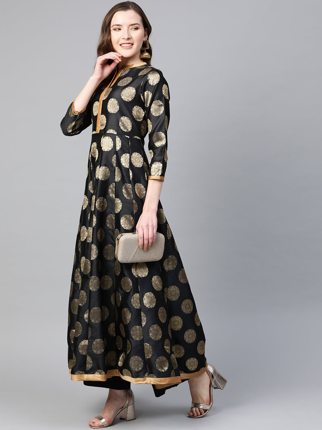 Women's  Black And Golden Ethnic Motifs Printed Brocade Raw Silk Anarkali Kurta - Bhama Couture