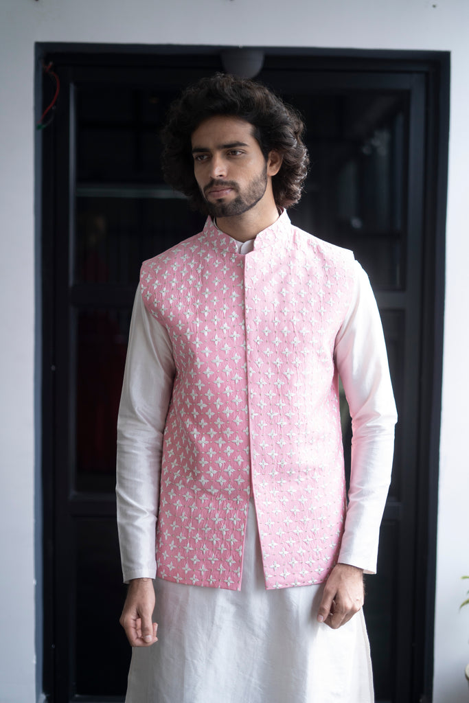 Men's Pink Color Jacket With Kurta Pant Set