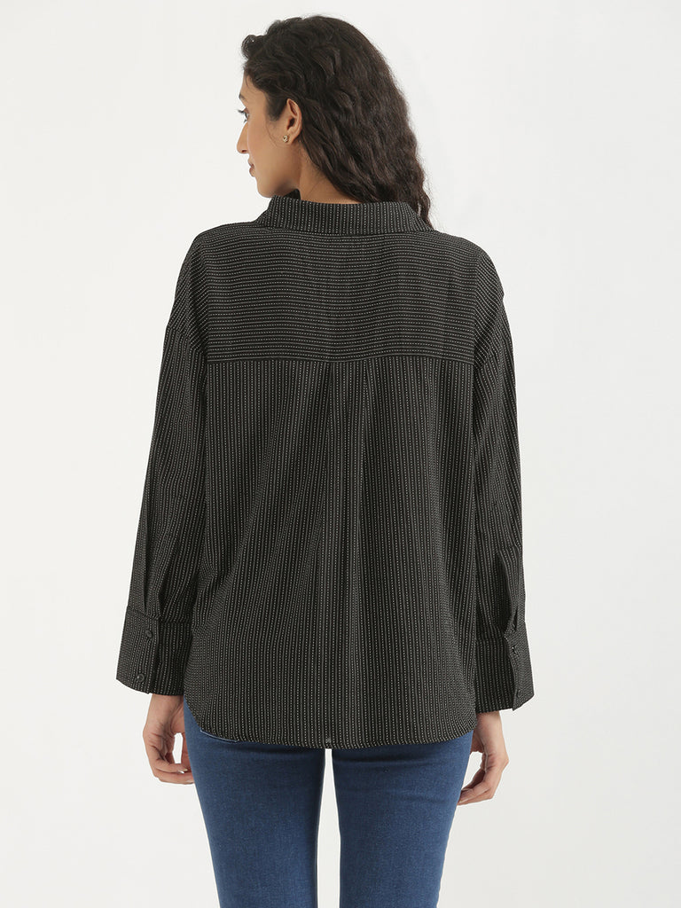 Women's Airy Linen Textured Casual Oversize Black Shirt