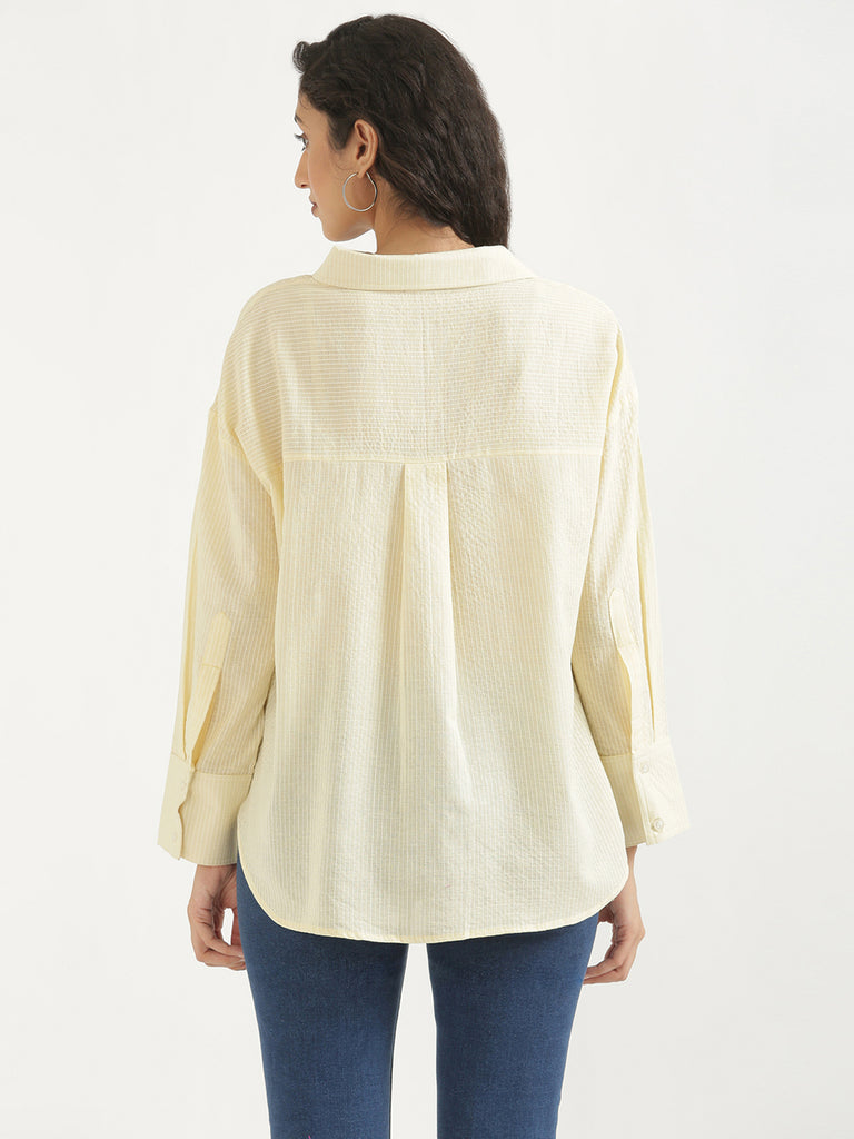 Women's Airy Linen Textured Casual Oversize Cream Shirt