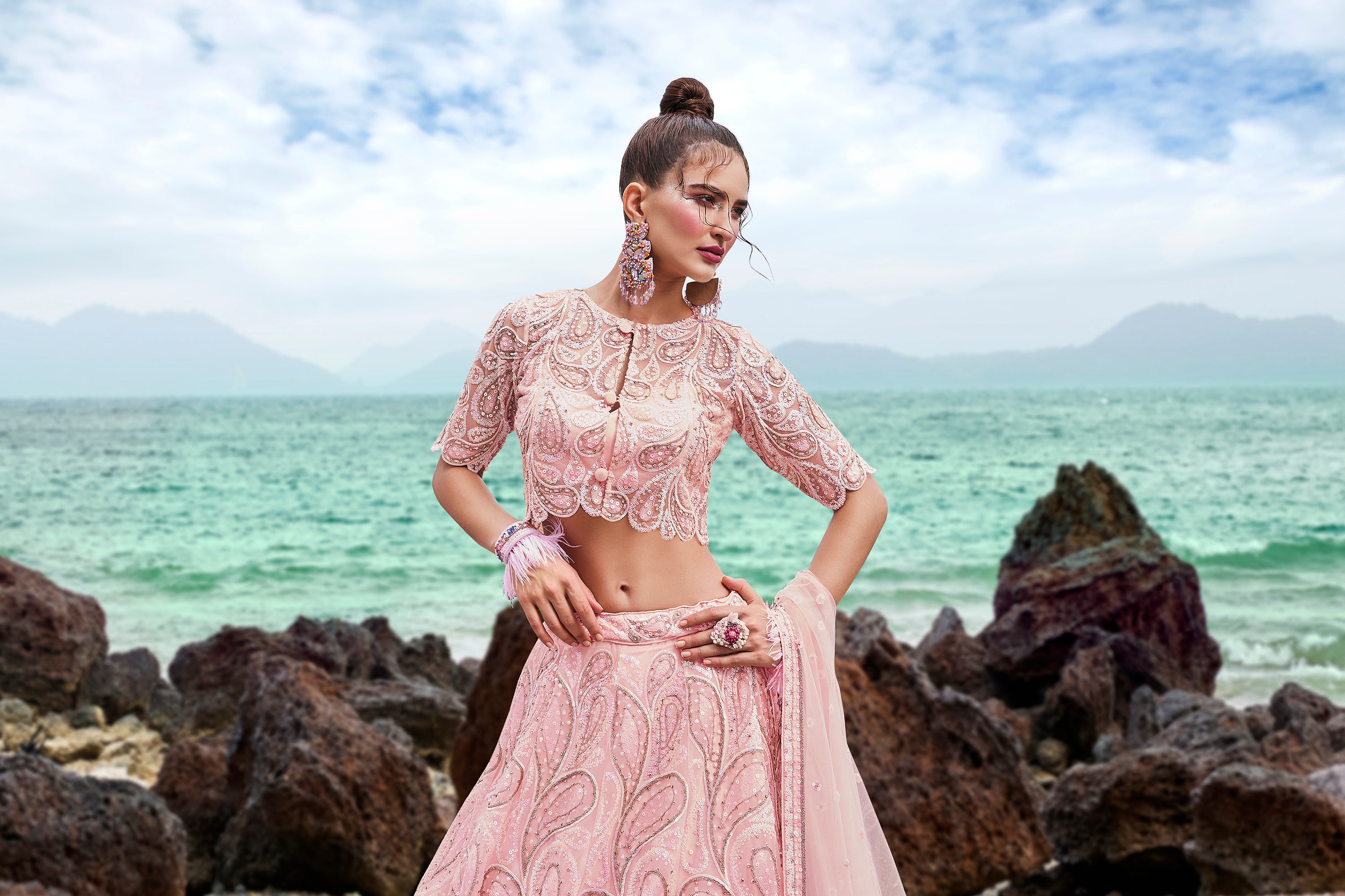 Women's Coral Net Multi Sequins With Heavy Zarkan Embroidery Ready To Wear  Lehenga Choli & Dupatta - Royal Dwells