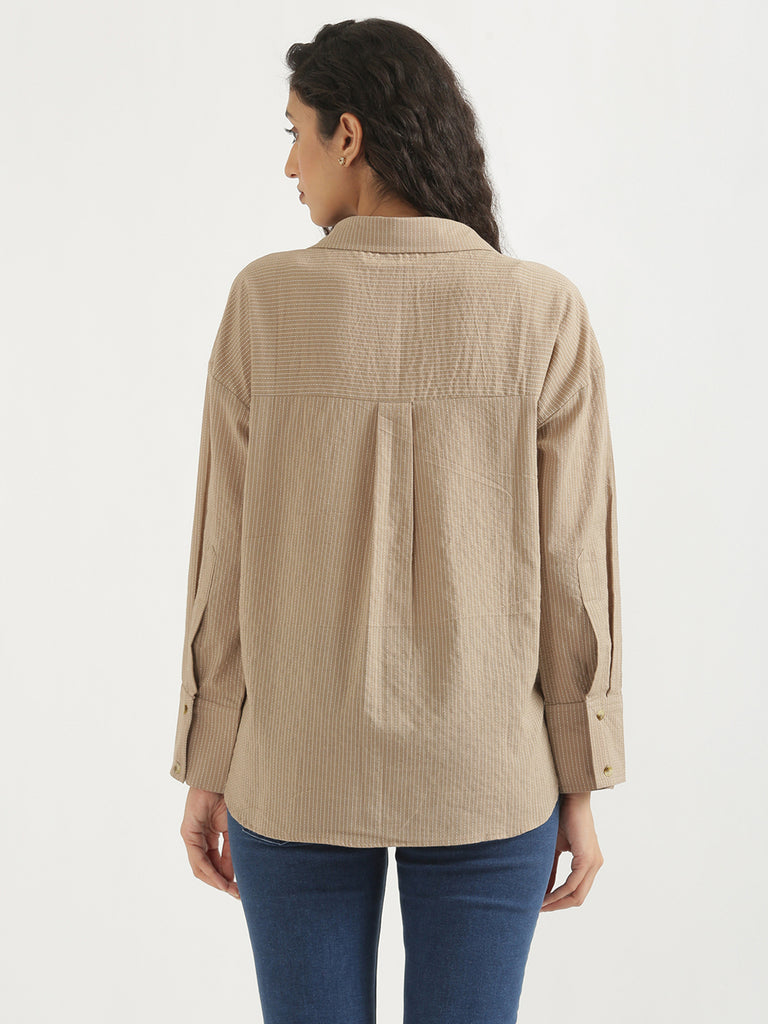 Women's Airy Linen Textured Casual Oversize Nude Brown Shirt