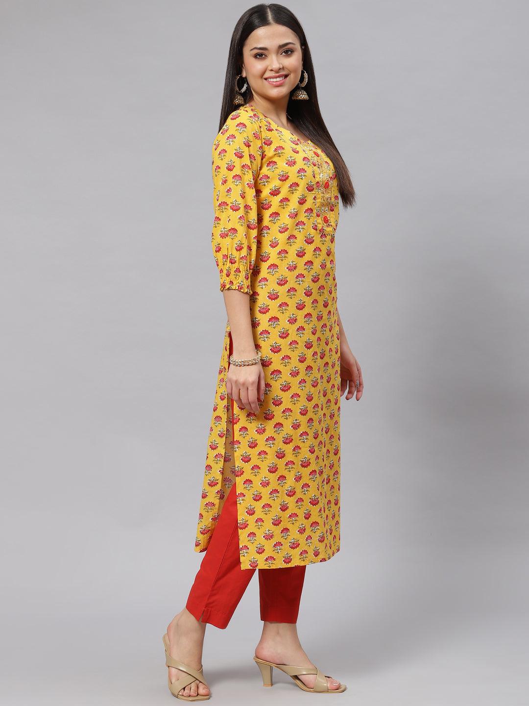 Women's Yellow Floral Cotton Kurta Pant Set with Dupatta - Taantav