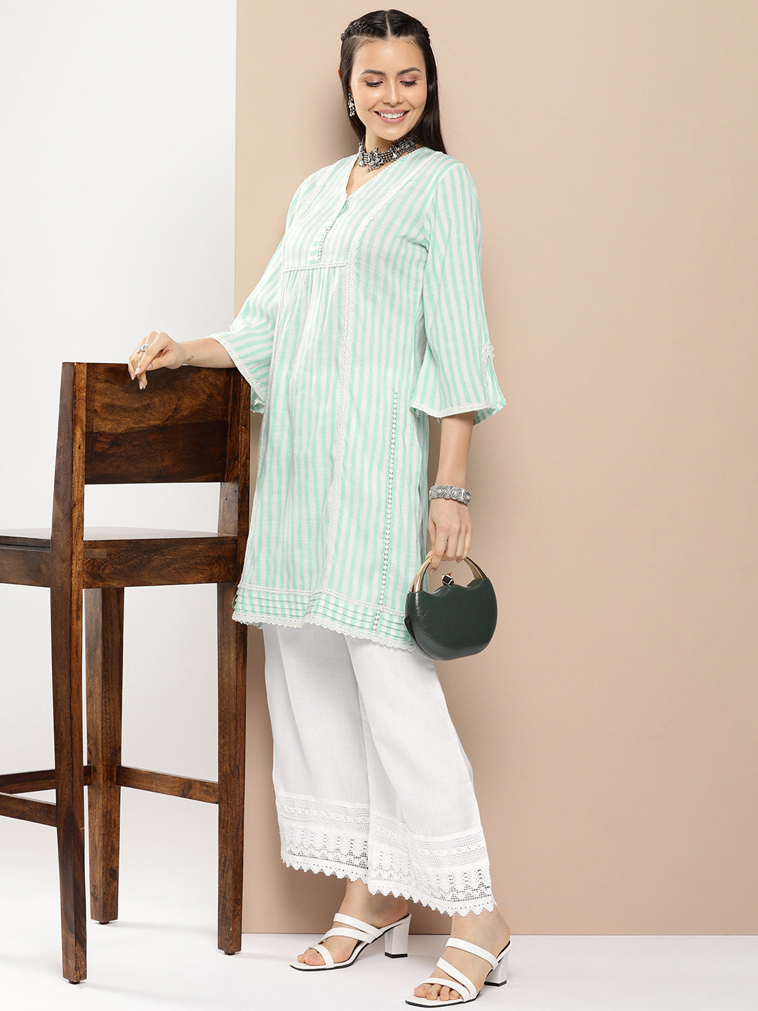Women's Sea Green And White Striped Kurta With Lace Detailing & Off White Palazzos - Bhama Couture