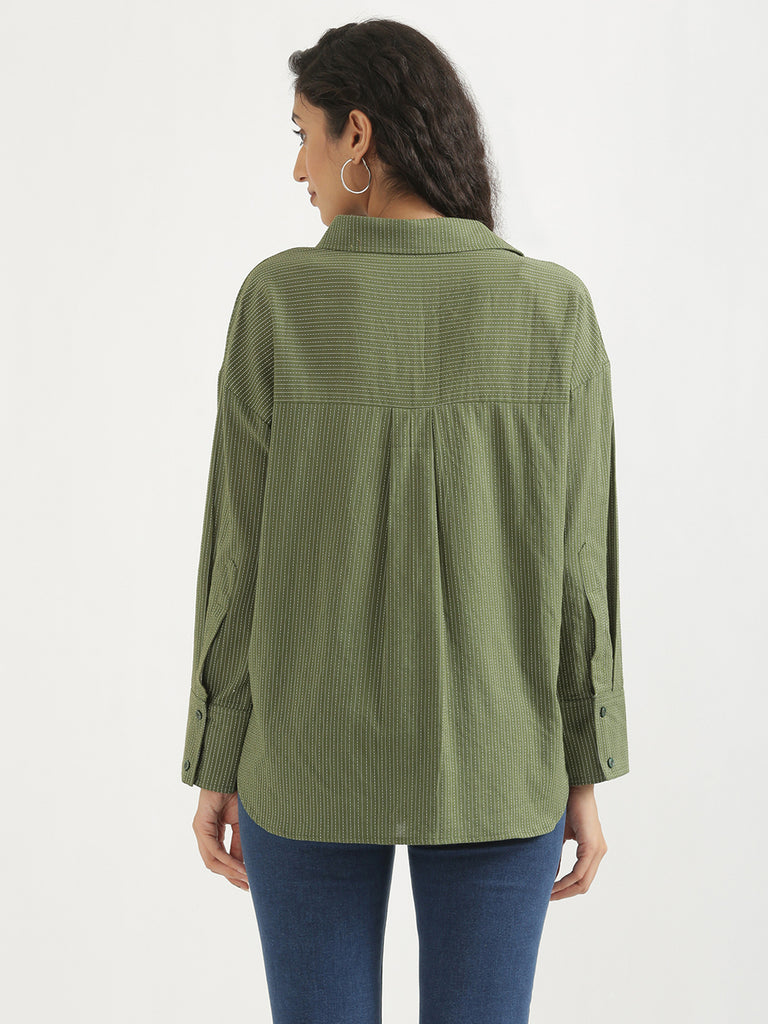 Women's Airy Linen Textured Casual Oversize Olive Shirt
