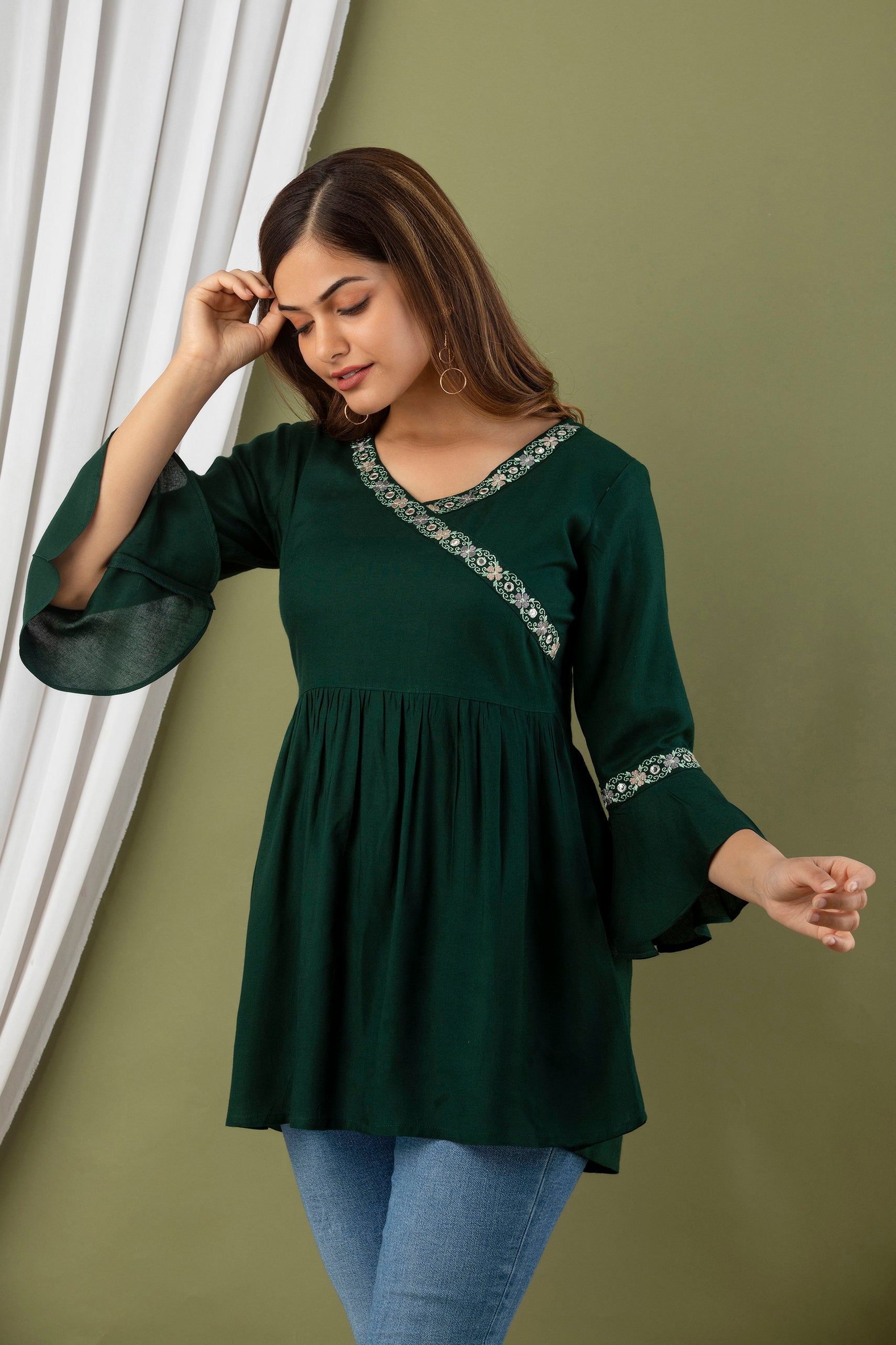 Women's Dark Green Bell Sleeve Top