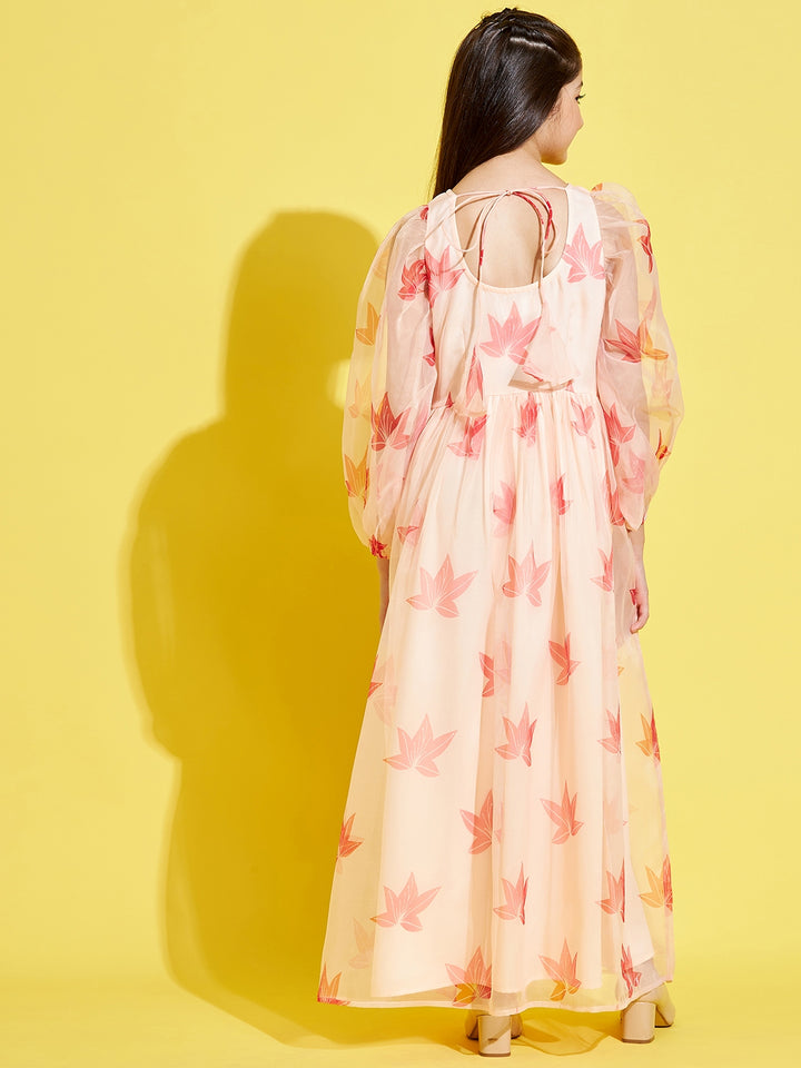 Girl's Cream Polyester Printed Dress