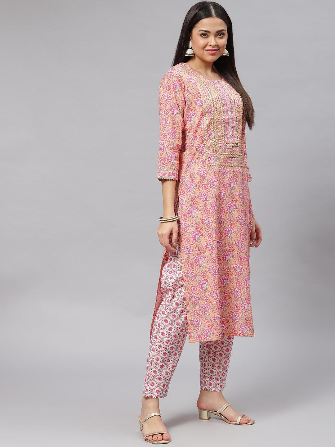 Women's Pink Cotton kurta Pant set with Dupatta - Taantav