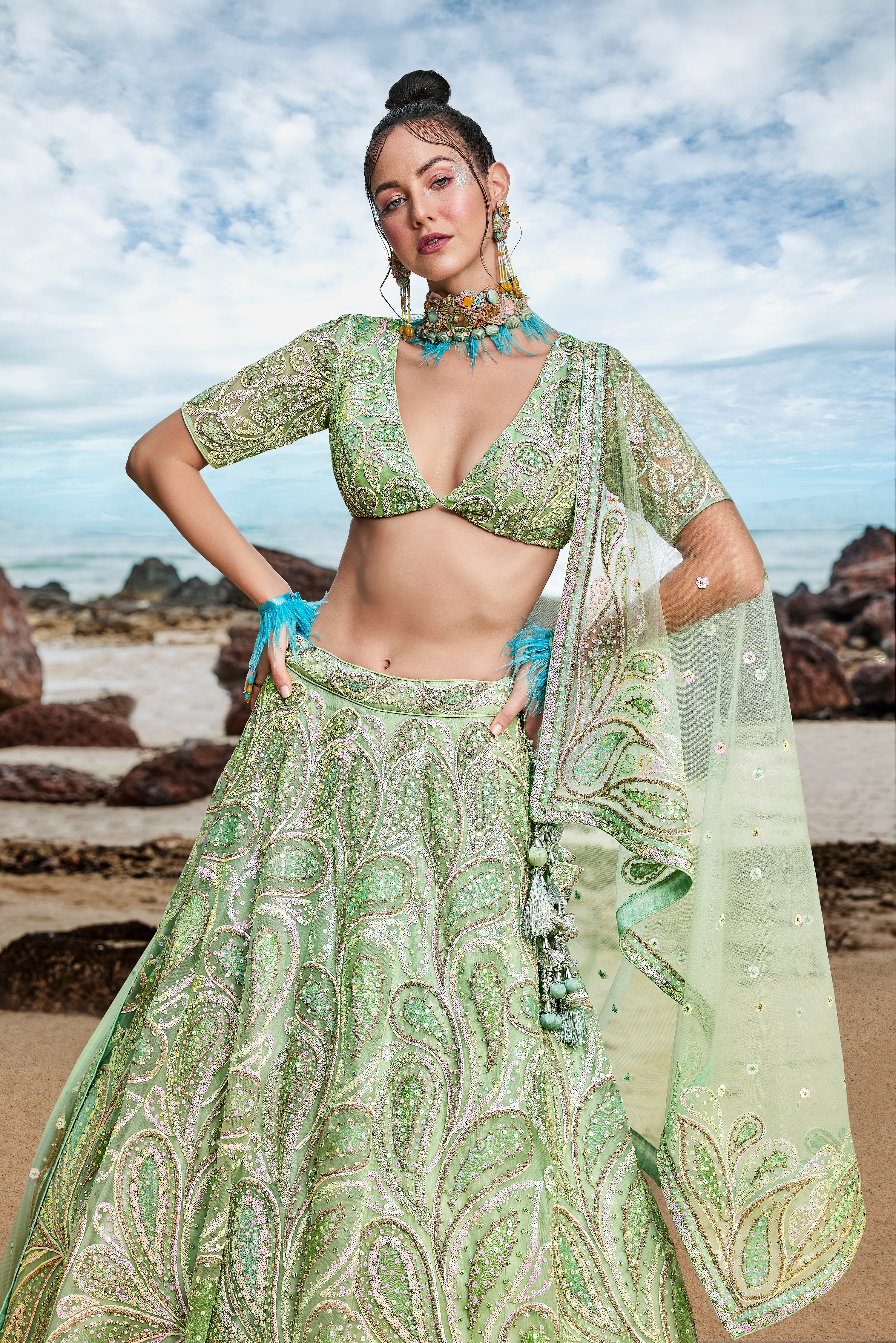 Women's Lime Green Net Multi Sequins With Heavy Zarkan Embroidery Ready To Wear  Lehenga Choli & Dupatta - Royal Dwells