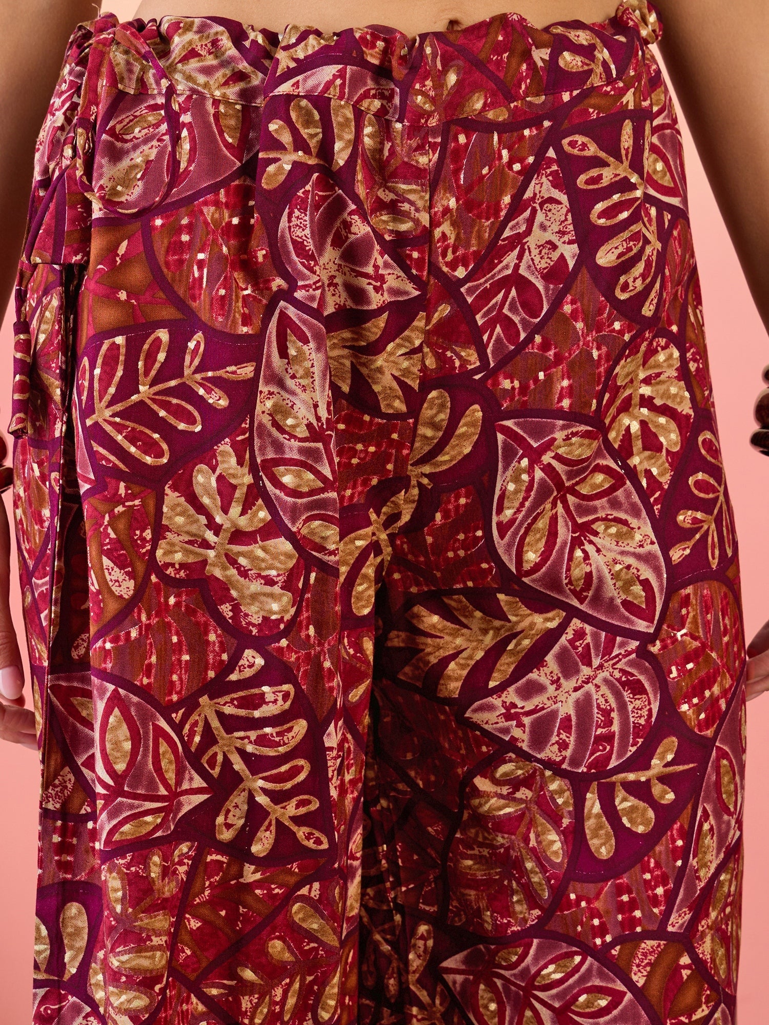 Women's Wine Maroon Leaf Print Foil Free Palazzo - InWeave