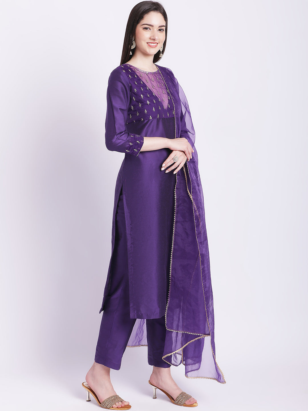 Women's Glowing Purple Straight Kurti With Straight Pants And Organza Dupatta - Anokherang