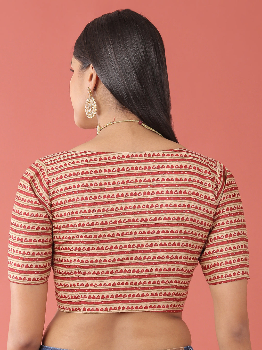 Women's Maroon-Toned Cotton Silk Applied Foil And Tribal Pattern Print Readymade Blouse - Royal Dwells