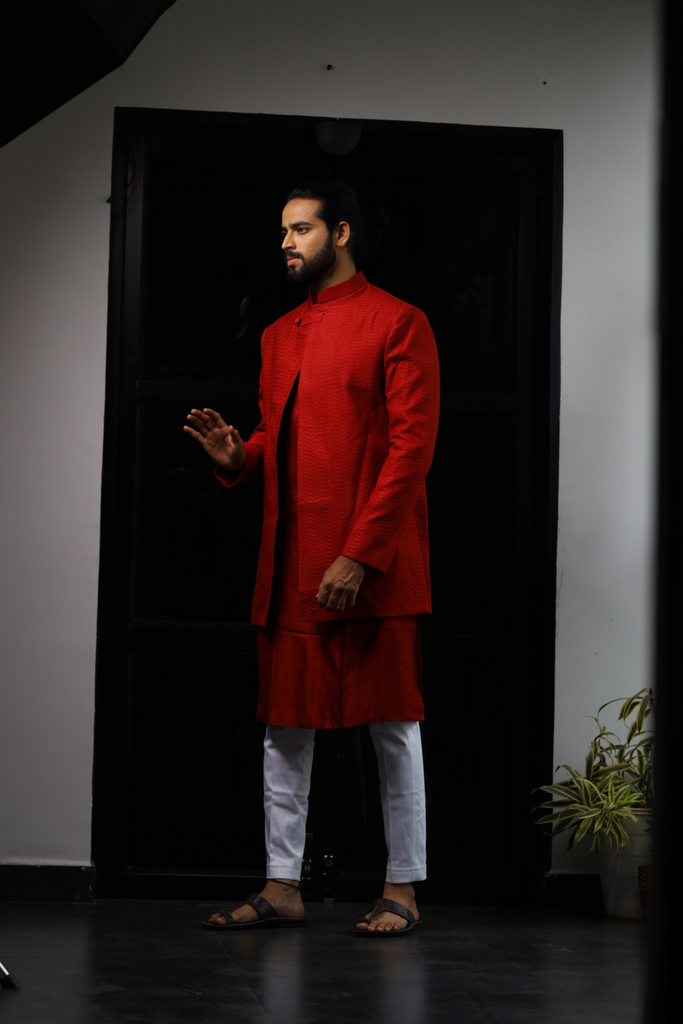 Men's Red Color Indo-Western Suit