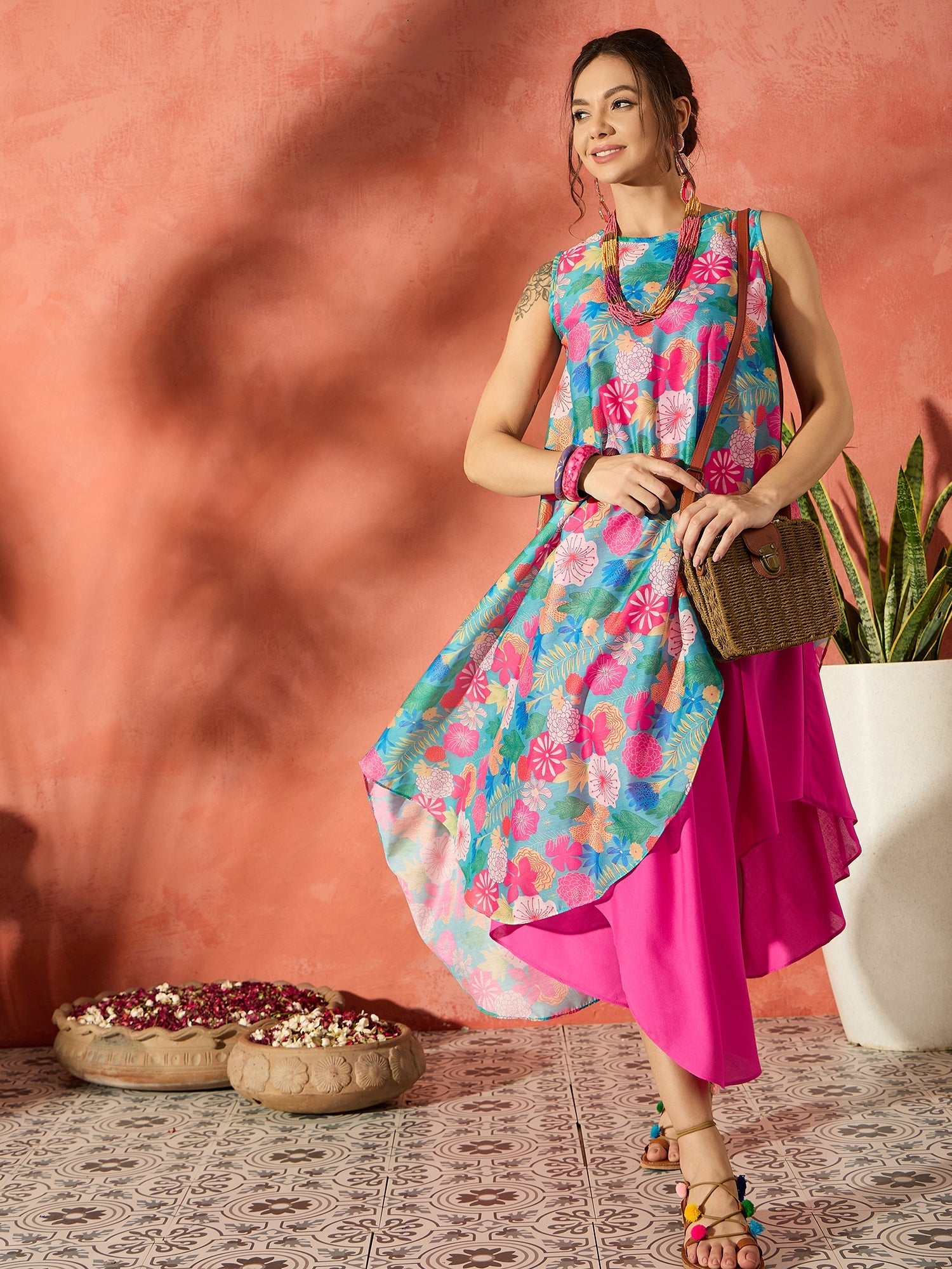 Women's Blue Floral Fuchsia Asymmetrical Dress - InWeave