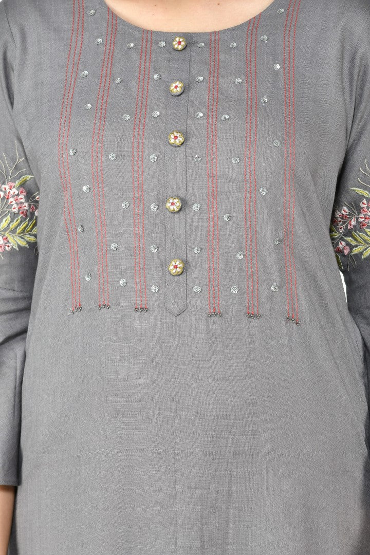 Women's Grey Cotton Rayon Embroidery Kurta Set - Joban Fashion