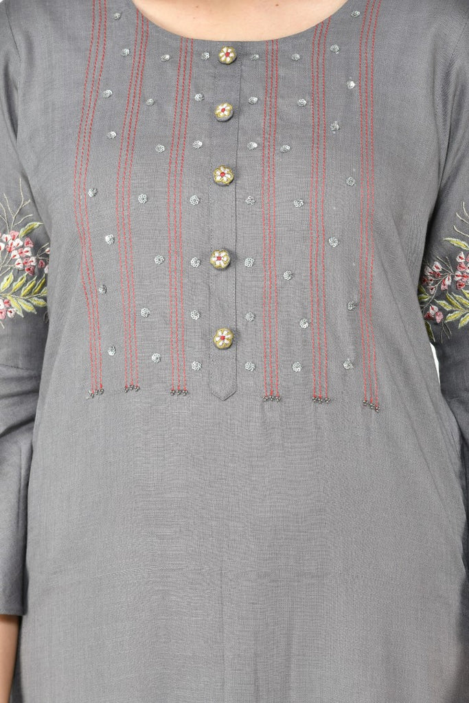 Women's Grey Cotton Rayon Embroidery Kurta Set