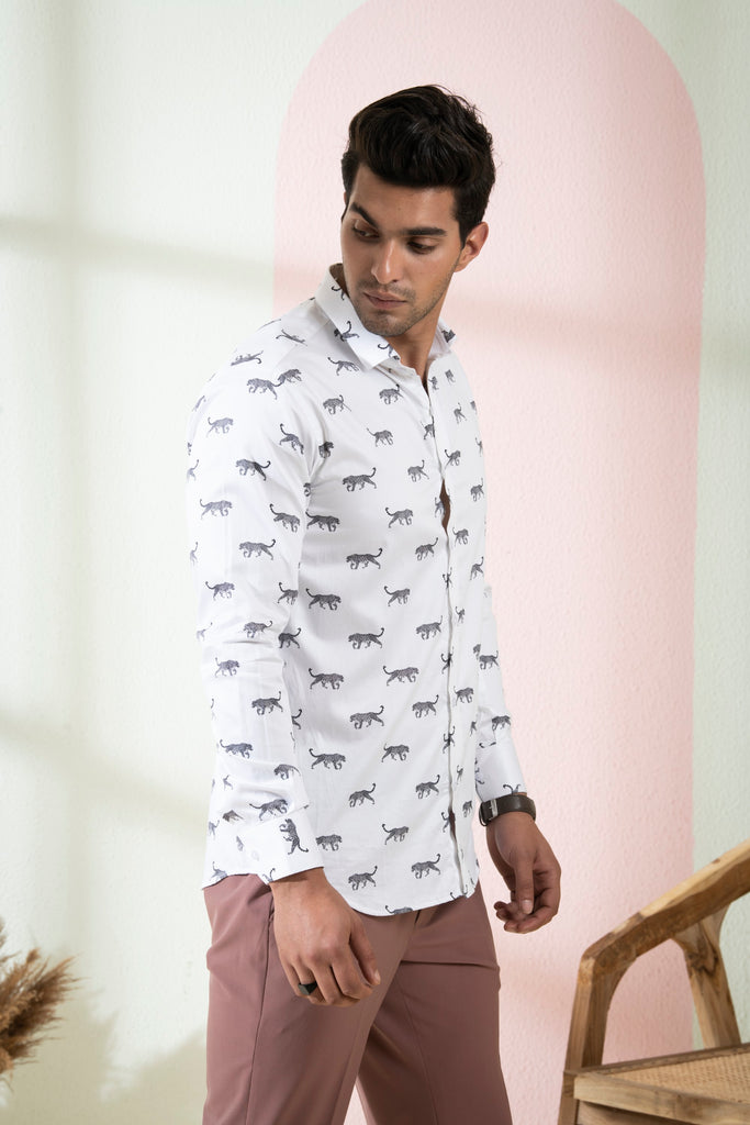 Men's White Color Feline Full Sleeves Shirt