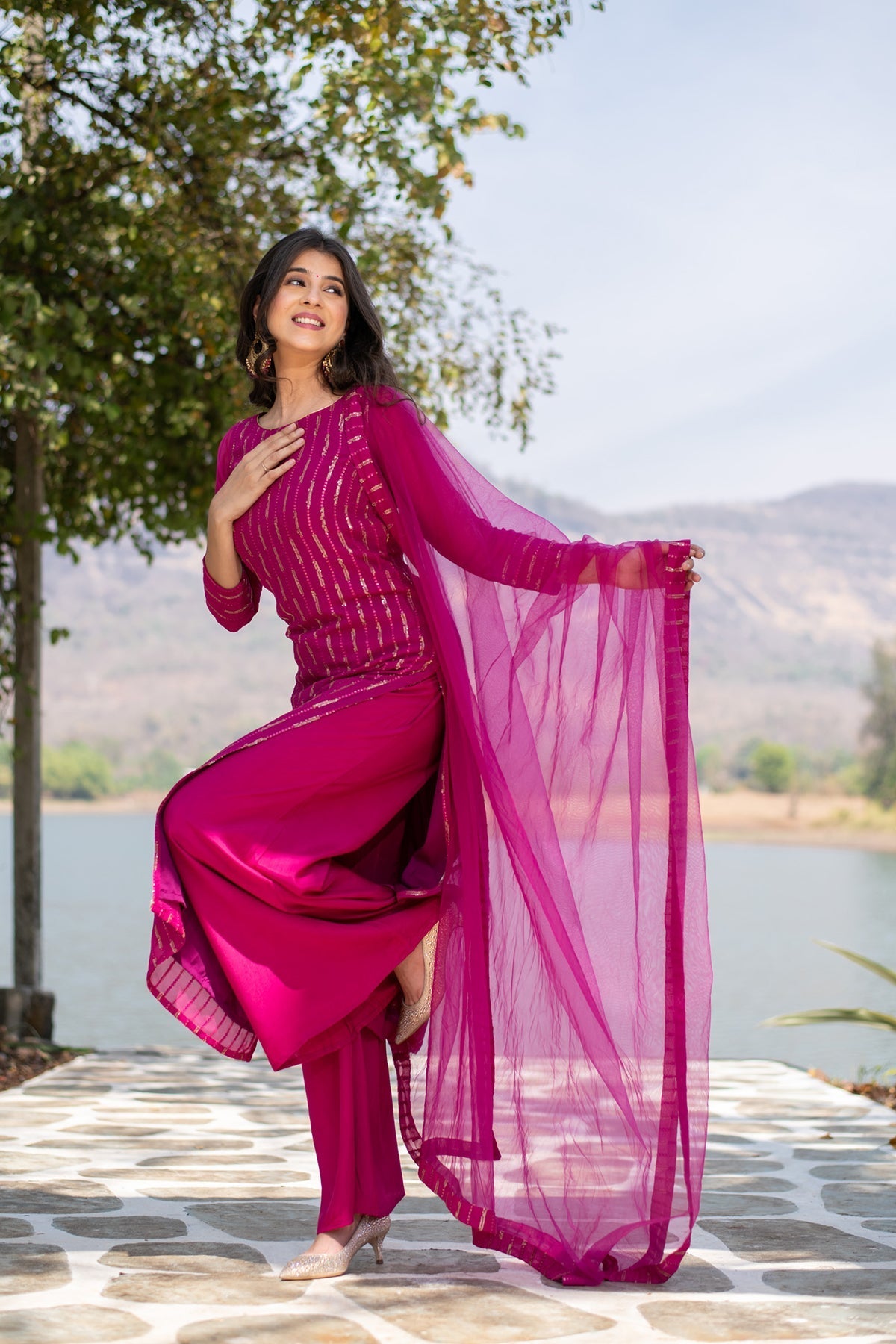 Women's Rani Pink Heavy Kurta With Pallazo