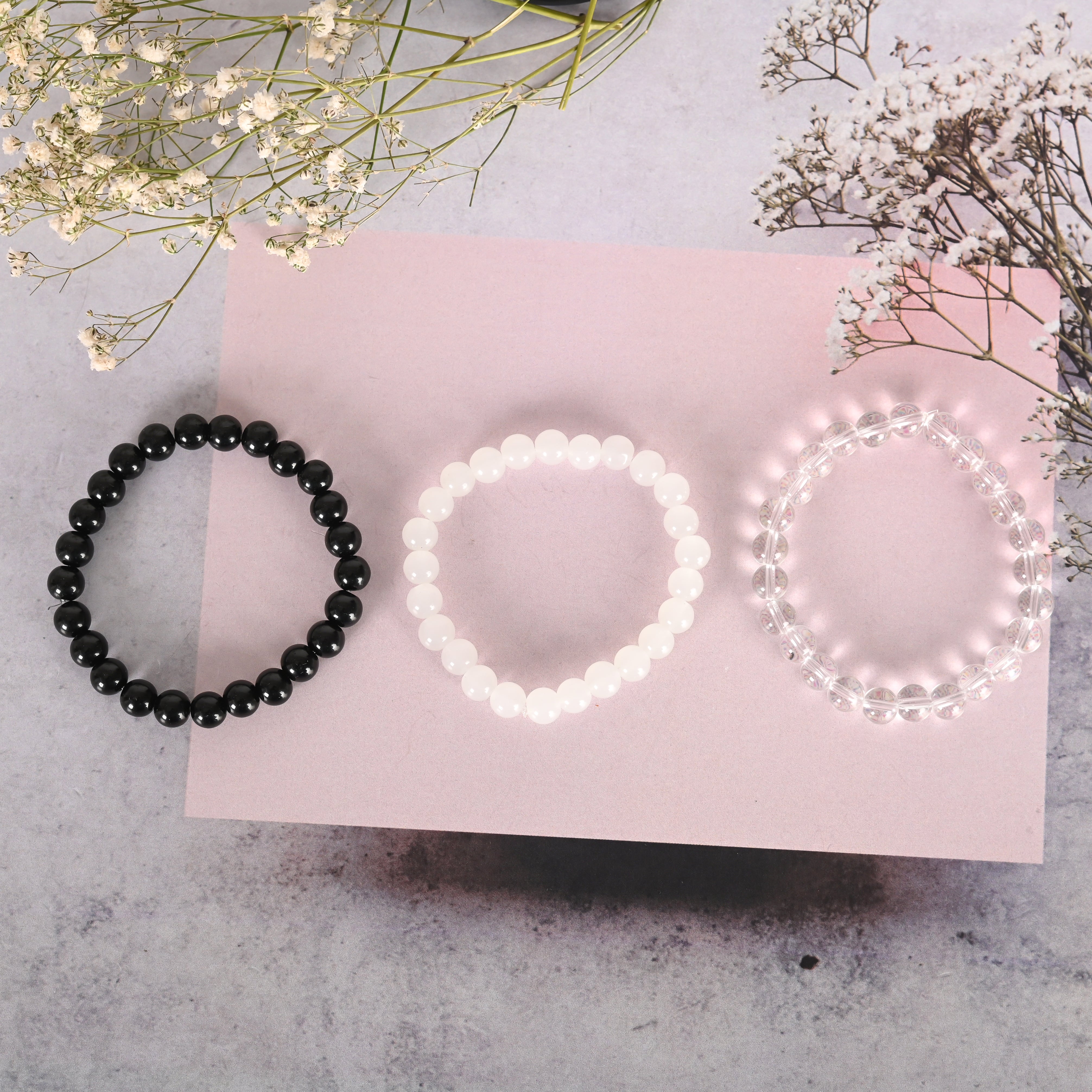 Unisex Transparent & White & Black Marbel Crystal Elasticated Bracelet - NVR