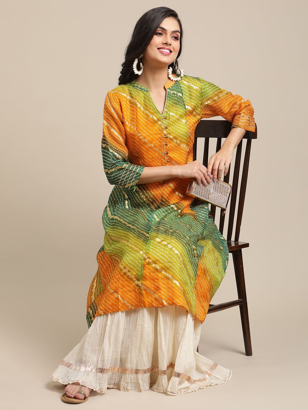 Women's Mustard And Lime Bandhej Foil Printed