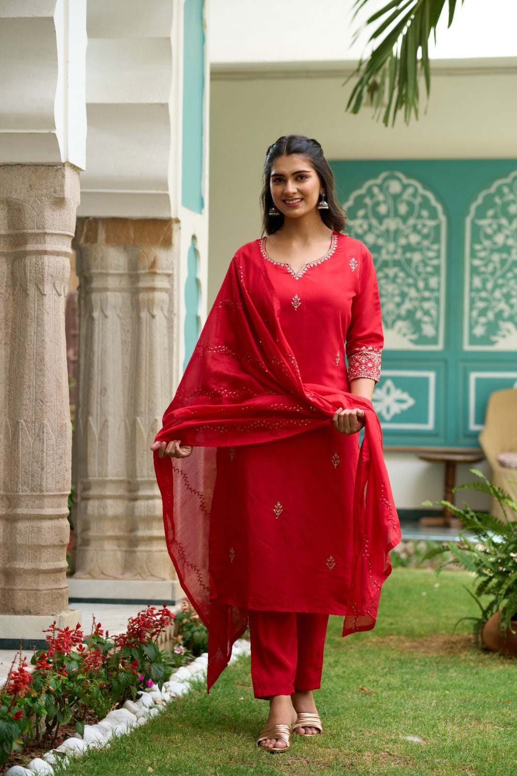 Women's V Neck Embroidered Work Soft Chanderi Fabric Kurta & Pant With Dupatta Set - Taantav