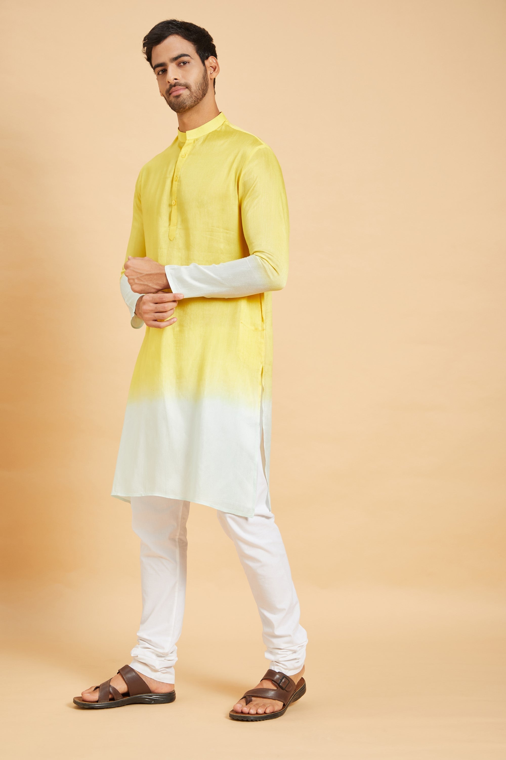 Men's Yellow Color Lahza Yellow Ombre Kurta Silk