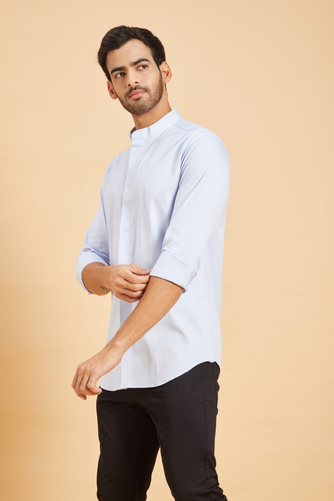 Men's Sky Blue Color Skii Chinese Collar Shirt Full Sleeves Casual Shirt