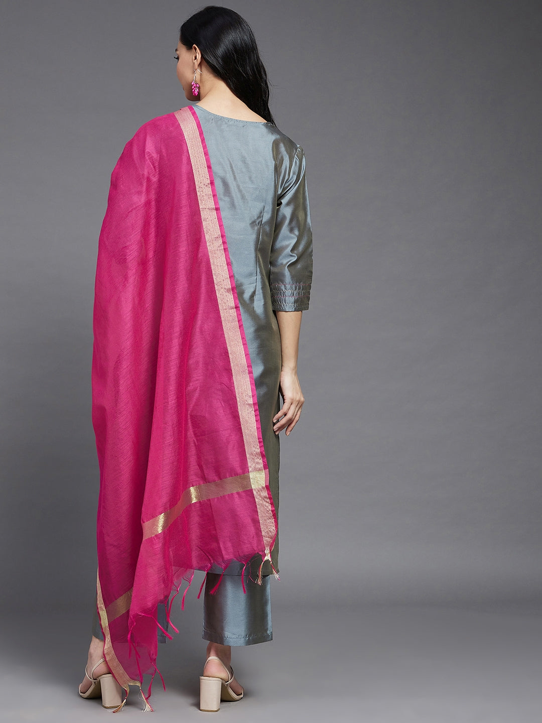 Women's Grey And Pink Embroidered Side Slit Straight Kurta With Palazzo And Dupatta Set