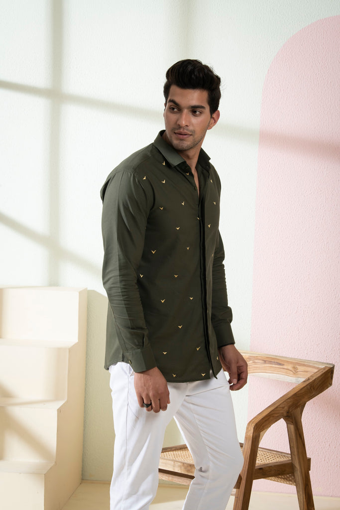 Men's Olive Green Color Avian Full Sleeves Shirt