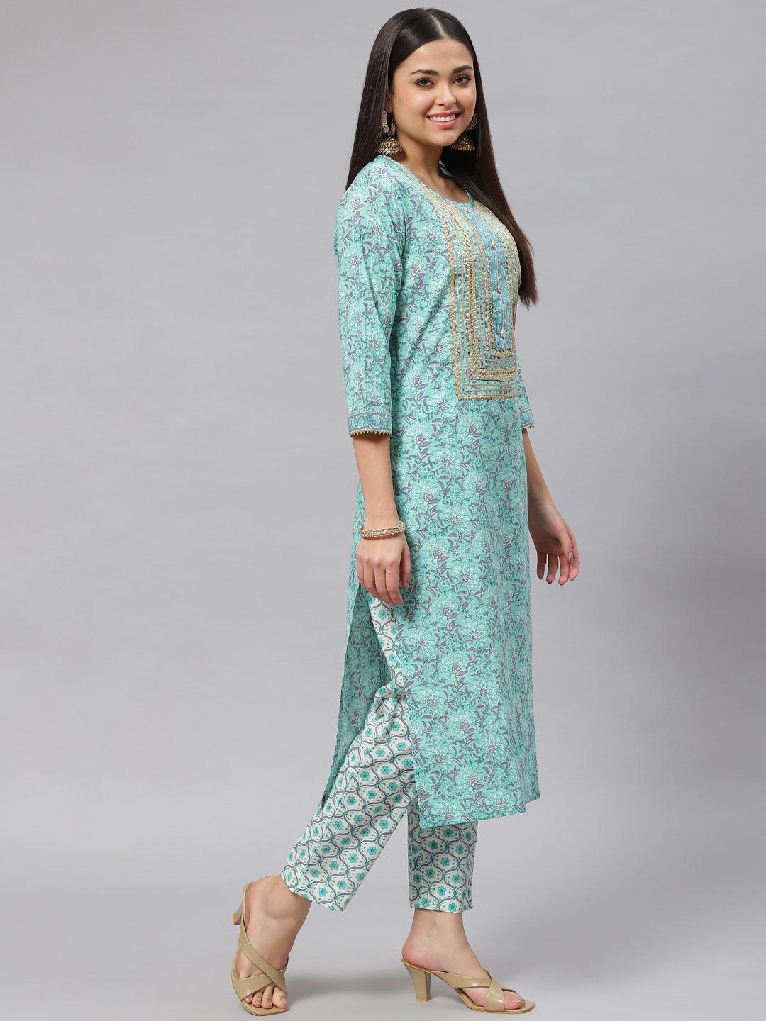 Women's Sea green Cotton kurta Pant set with Dupatta - Taantav