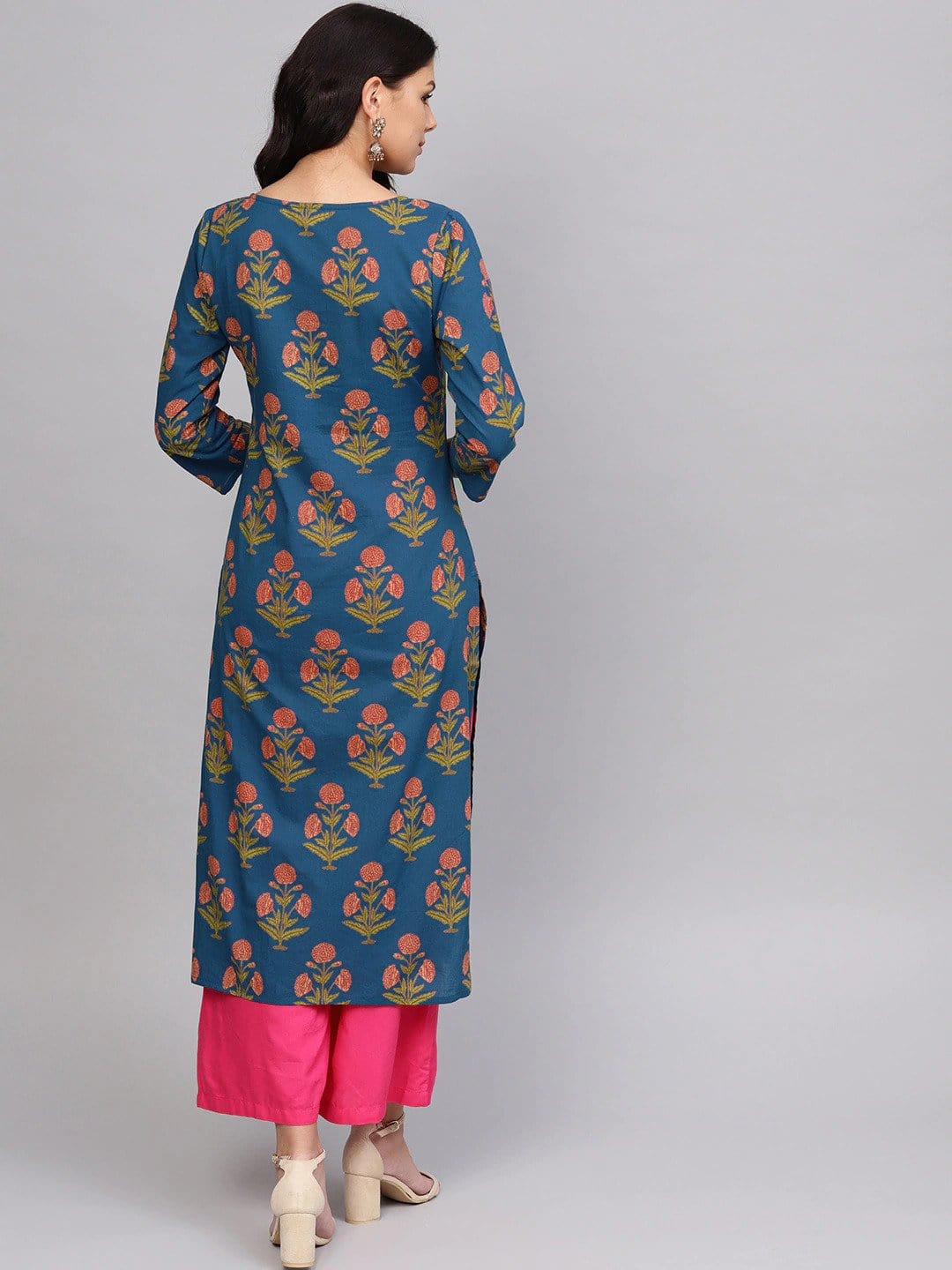 Women's Blue & Peach-Coloured Printed Straight Kurta