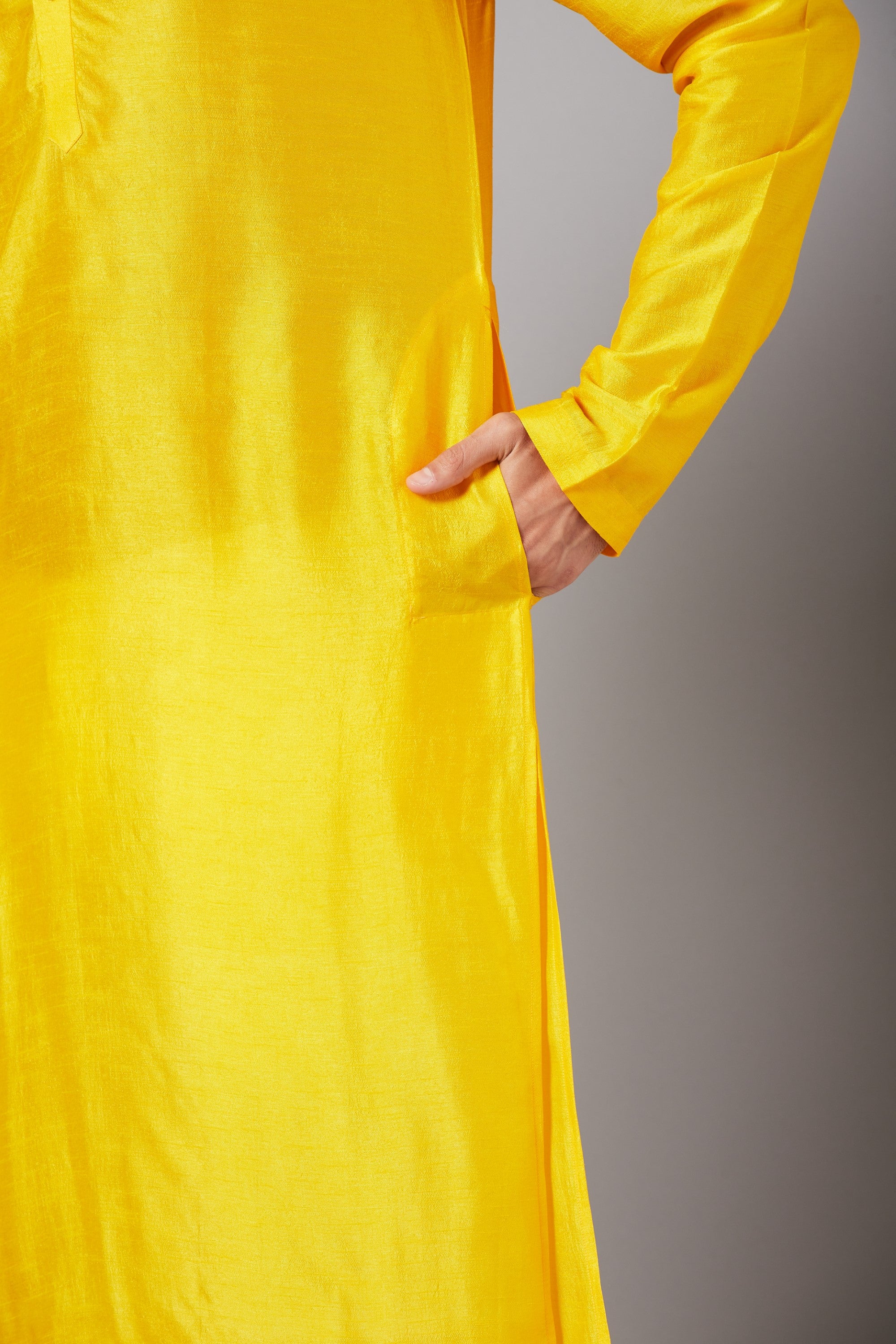 Men's Yellow Color Plain Kurta Falling Raw Silk - Hilo Design
