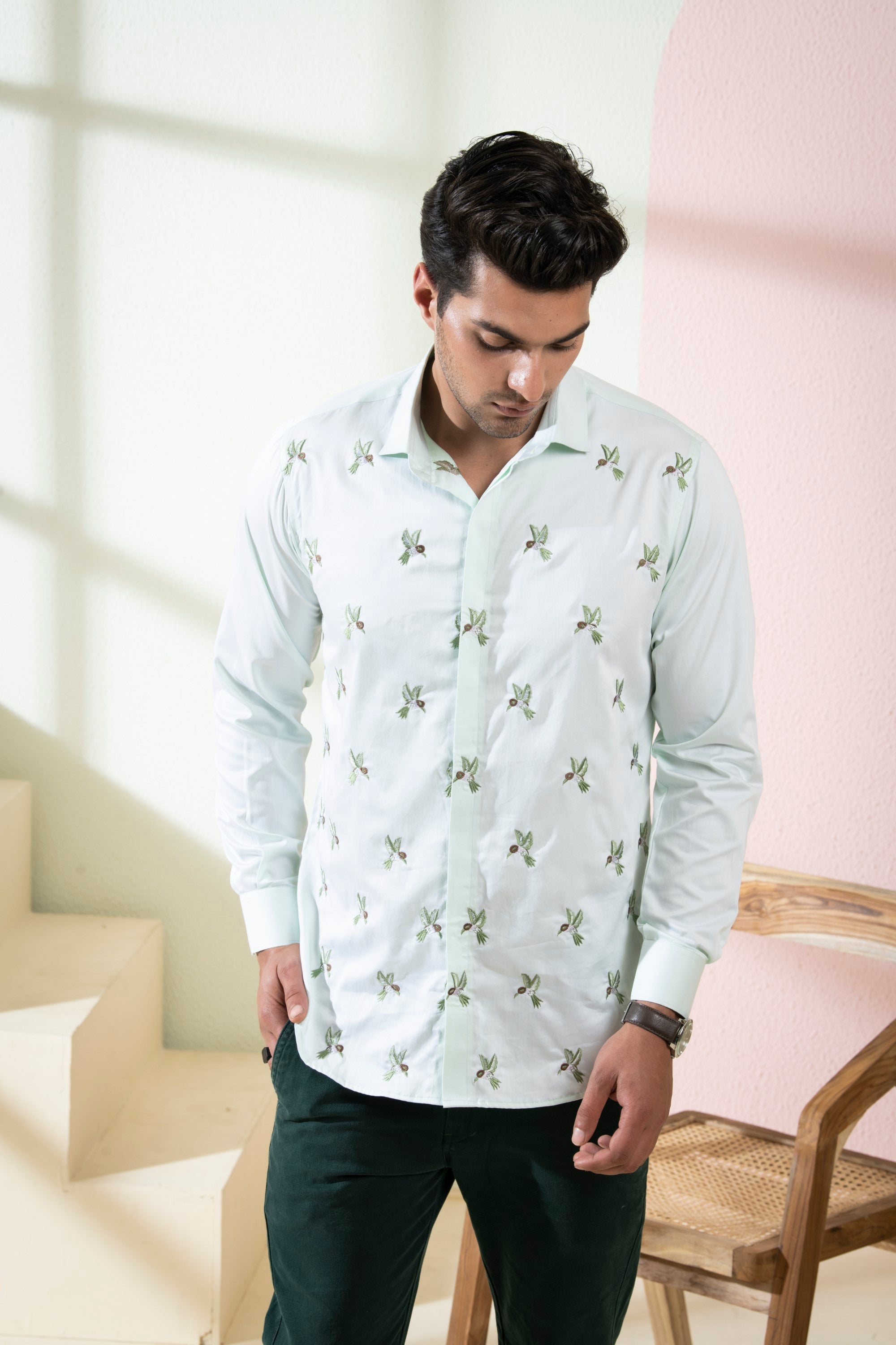 Men's Light Green Color Birdie Full Sleeves Shirt - Hilo Design