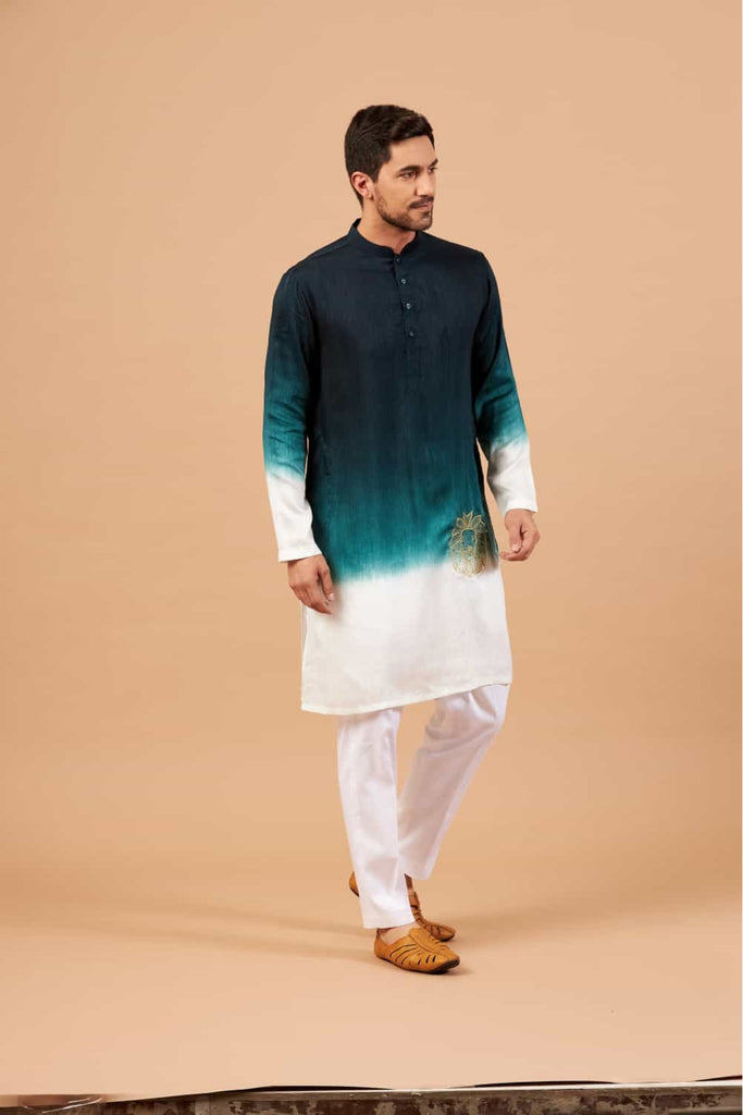 Men's Green Color Leonine Kurta - Lion Embroidery Silk