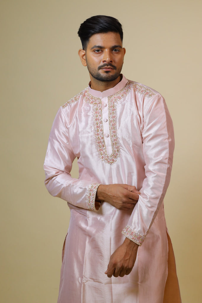 Men's Pink Color Light Coral Embroidered Collar Designer Kurta Dupion