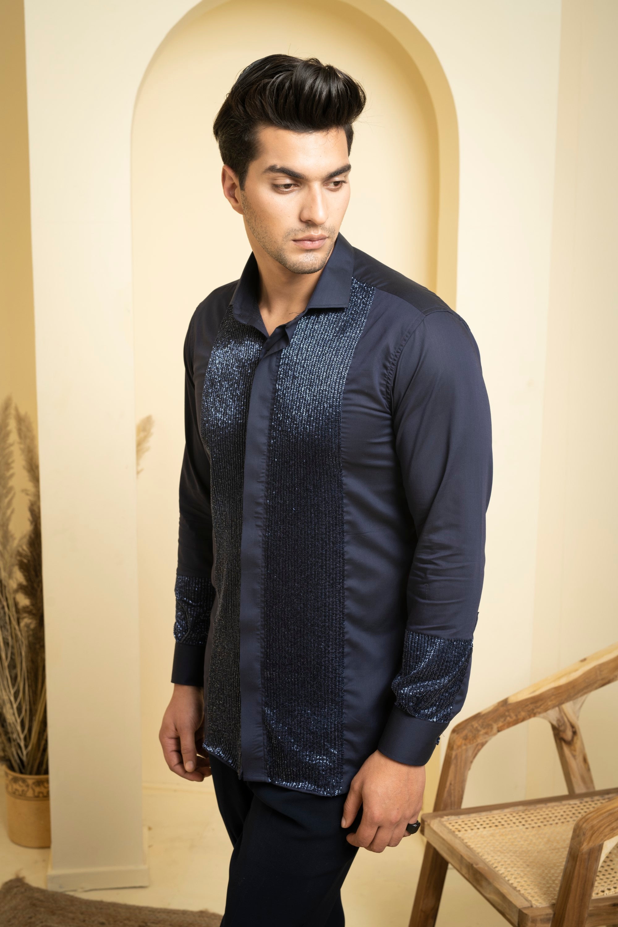 Men's Navy Blue Color Metallic Full Sleeves Shirt Trendia Men's Navy Blue Color Metallic Full Sleeves Shirt Trendia
