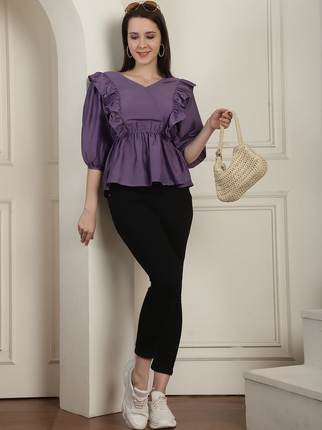 Women's Purple Solid Women's Top With Frills - Taantav