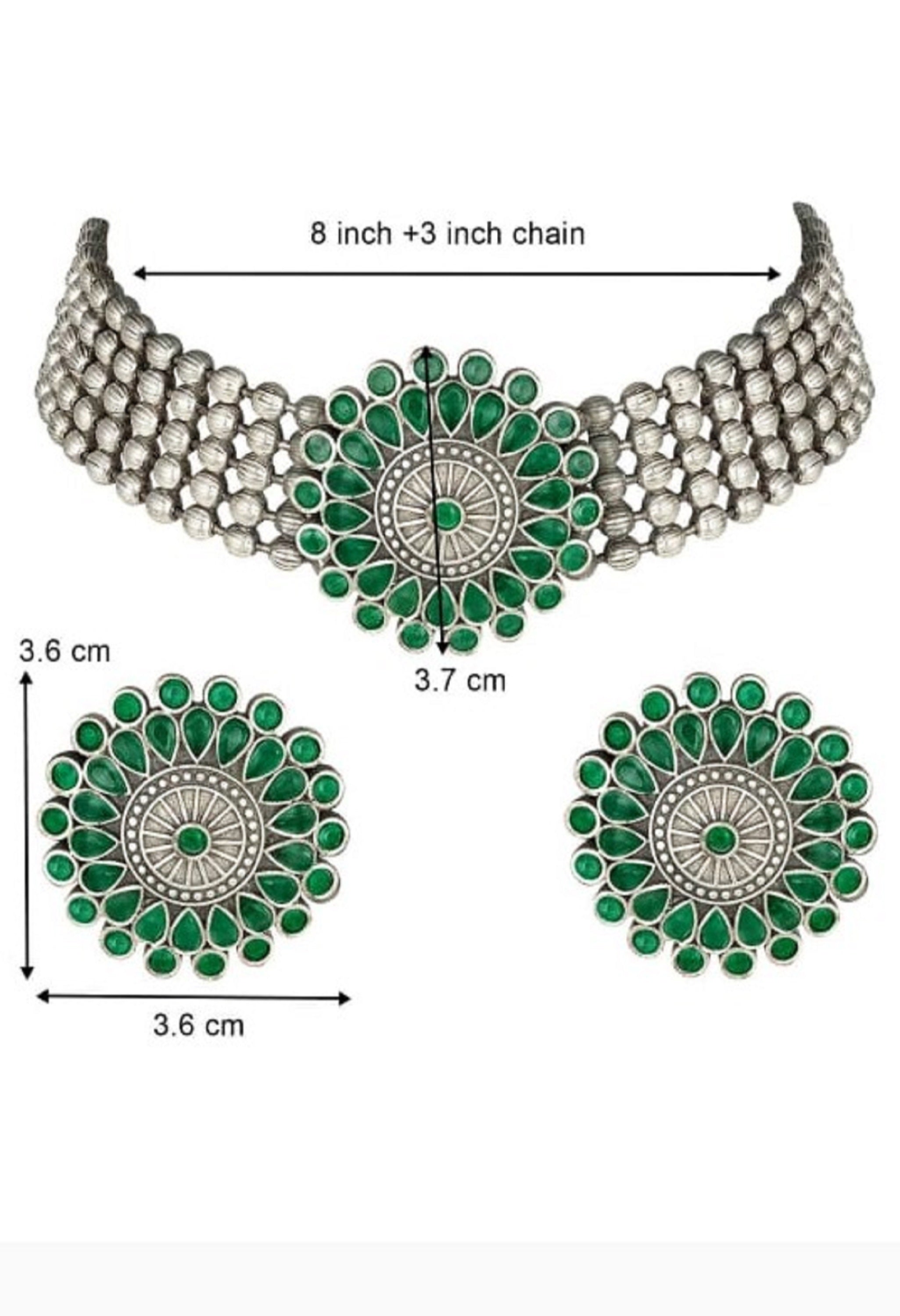 Women's Oxidised Silver-Plated Brass Finish Kundan Choker (Green)