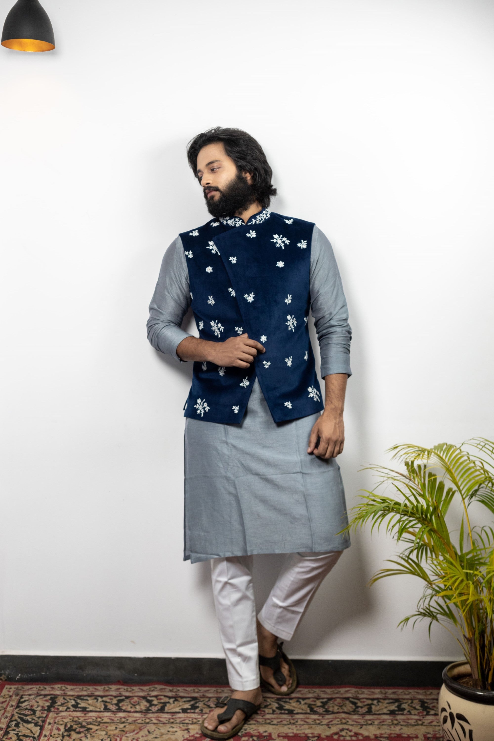 Men's Blue Color Jacket With Kurta Pant Set