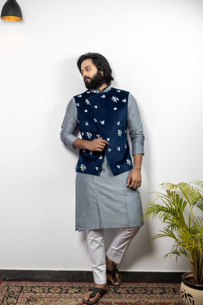 Men's Blue Color Jacket With Kurta Pant Set