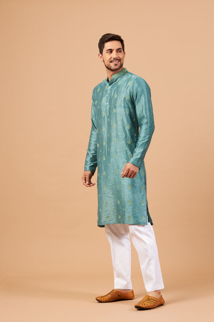 Men's Teal Color Two Motif Embroidered Kurta Semi Raw Silk Mix