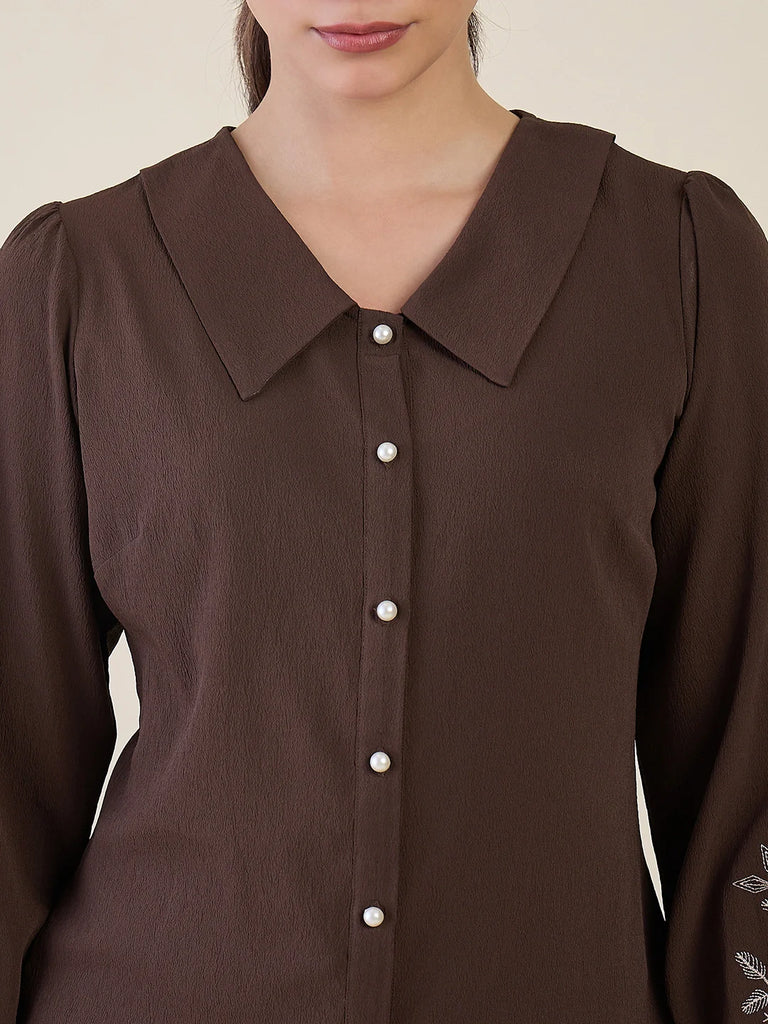 Women's Brown Embroidered Peter Pan Collar Shirt